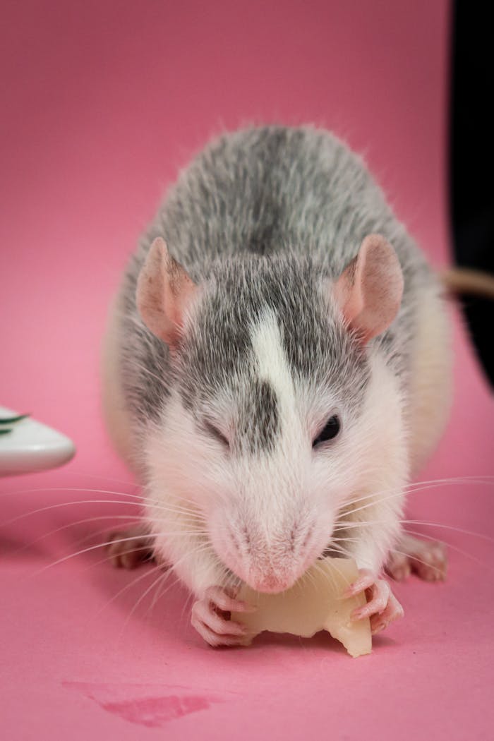 Cute rat nibbling on cheese against a simple pink backdrop.